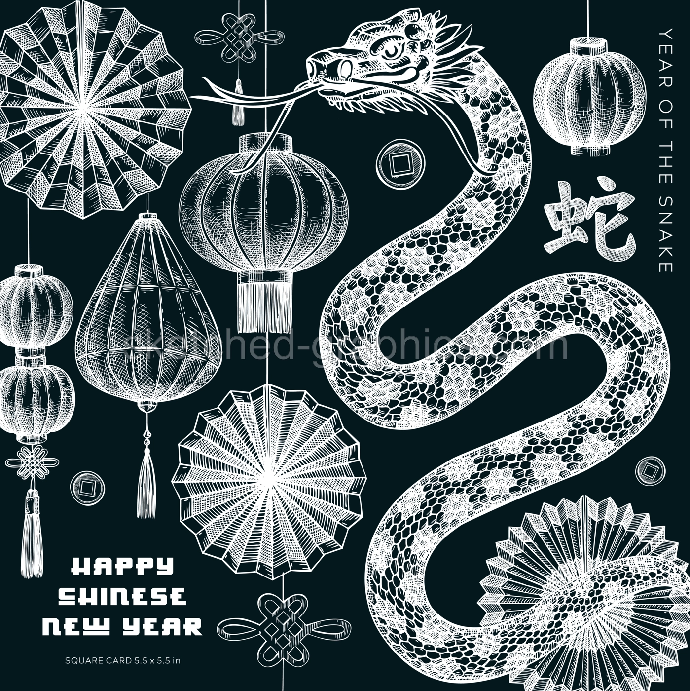 Chinese New Year greeting card. Fantasy snake chalk drawing. Lunar New Year 2025 square design. Hand-drawn vector illustration. Not AI generated Illustration